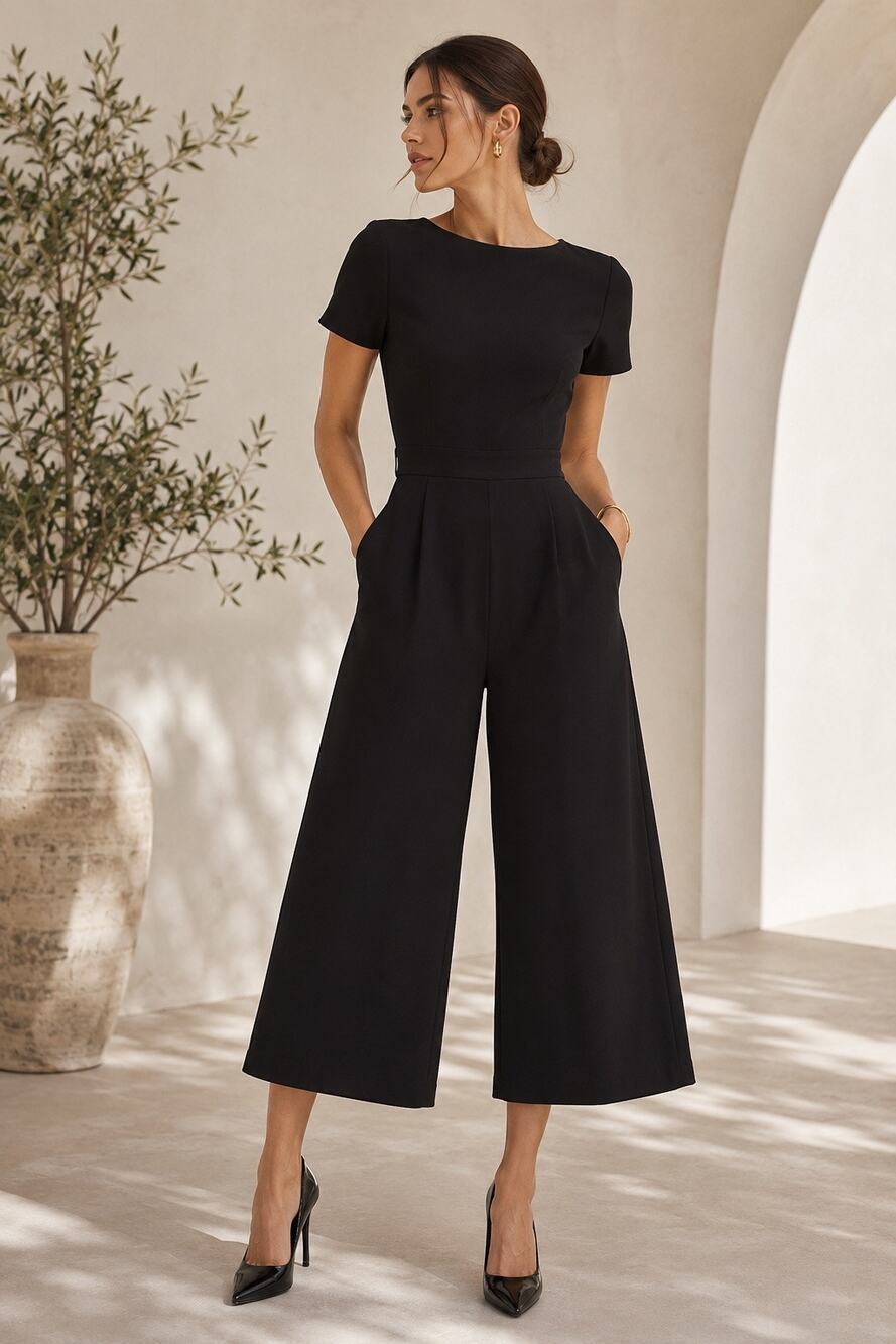 J.Crew Black Wide Leg Cropped Jumpsuit Open Back Career Minimalist Quiet Luxury